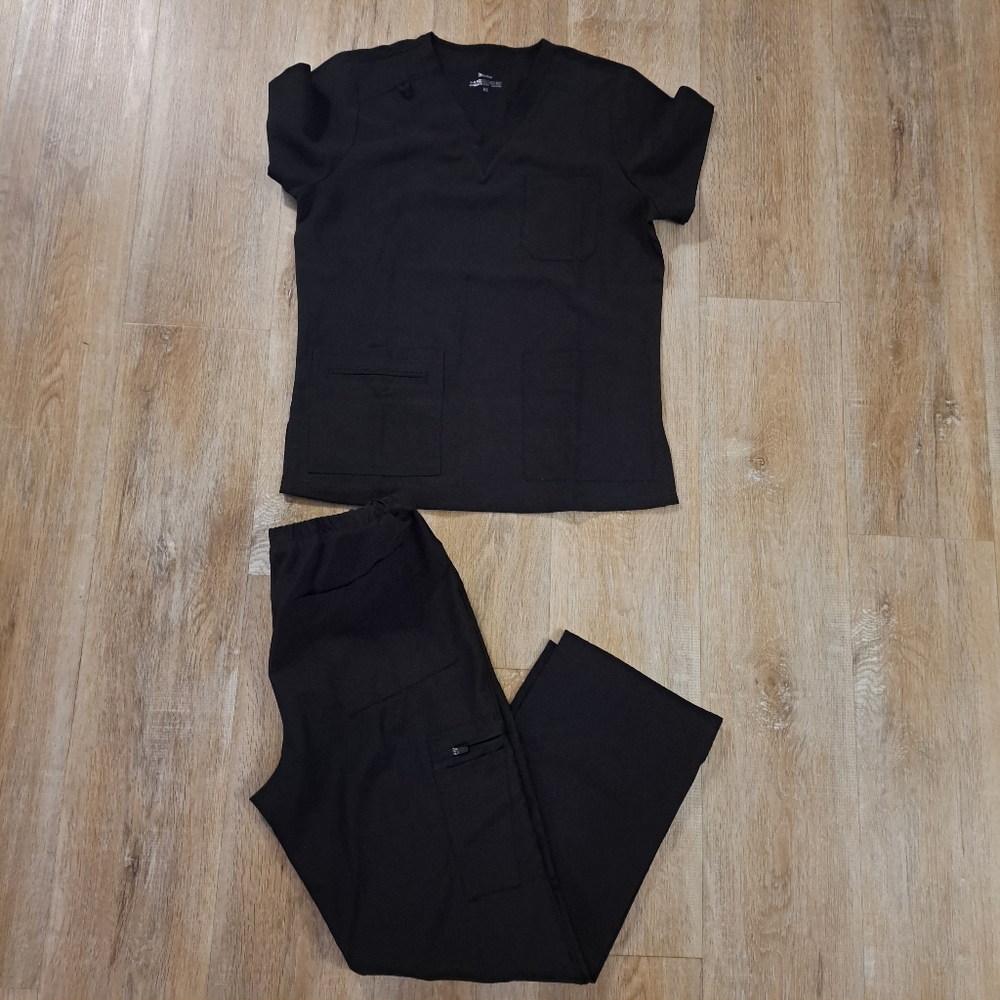 FloralHue Black V-Neck Scrub Top & Pant Set for Women Size XS